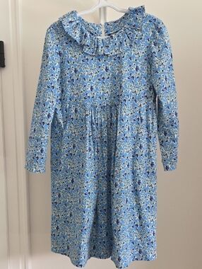 Girls' Light Blue Floral Long-Sleeve Dress with Ruffle Neck